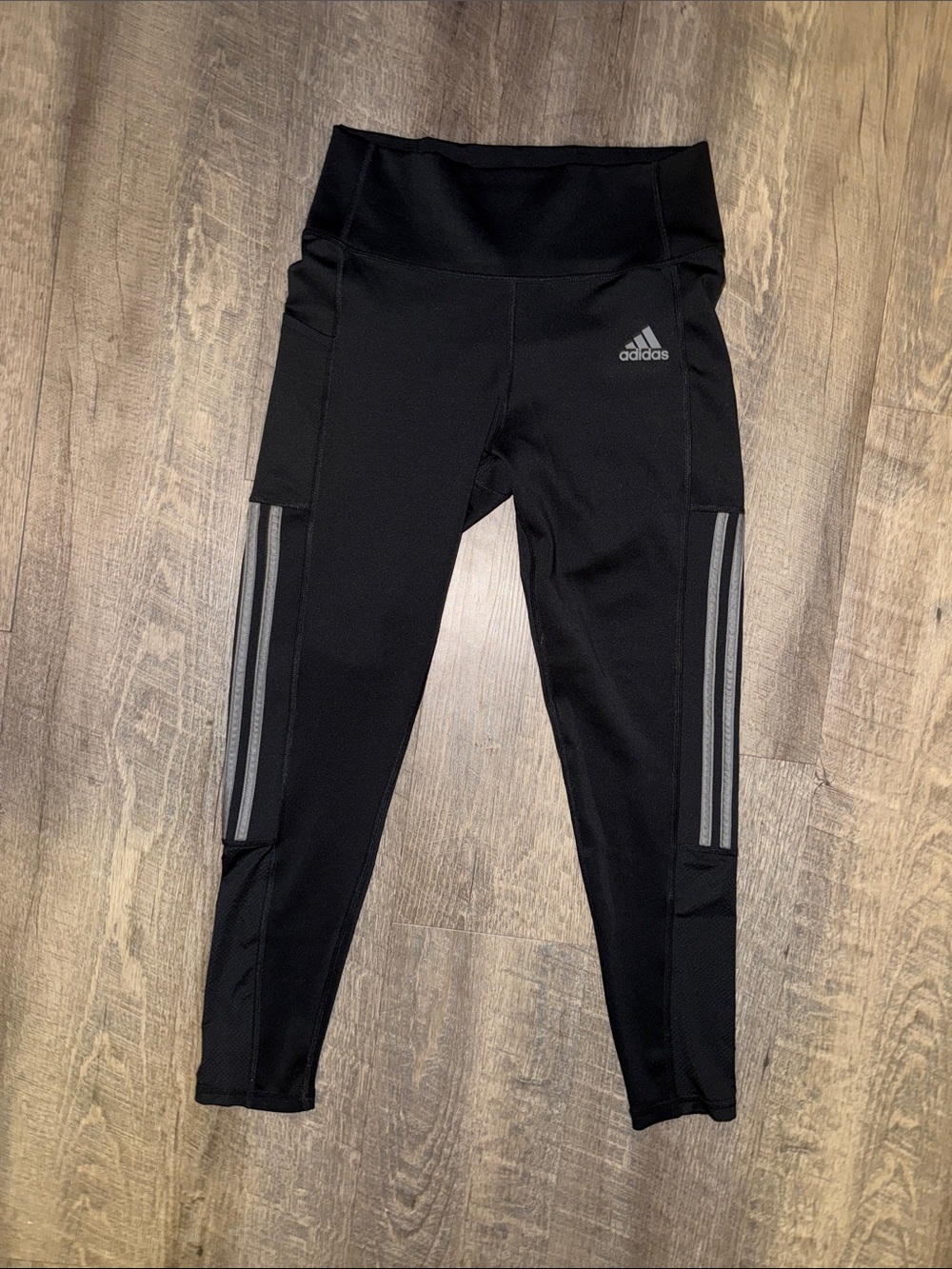 adidas Black Leggings with Gray Reflective Side Stripes